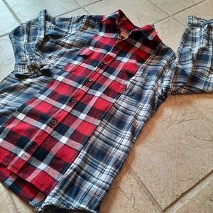 Spliced Flannel Plaid Shirt Upcycled Mens M or Woman L unisex